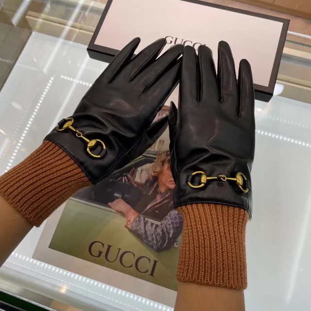 Gucci Horsebit 1955 Guantes de cuero negro marrón con puño de tejido rib suave 9