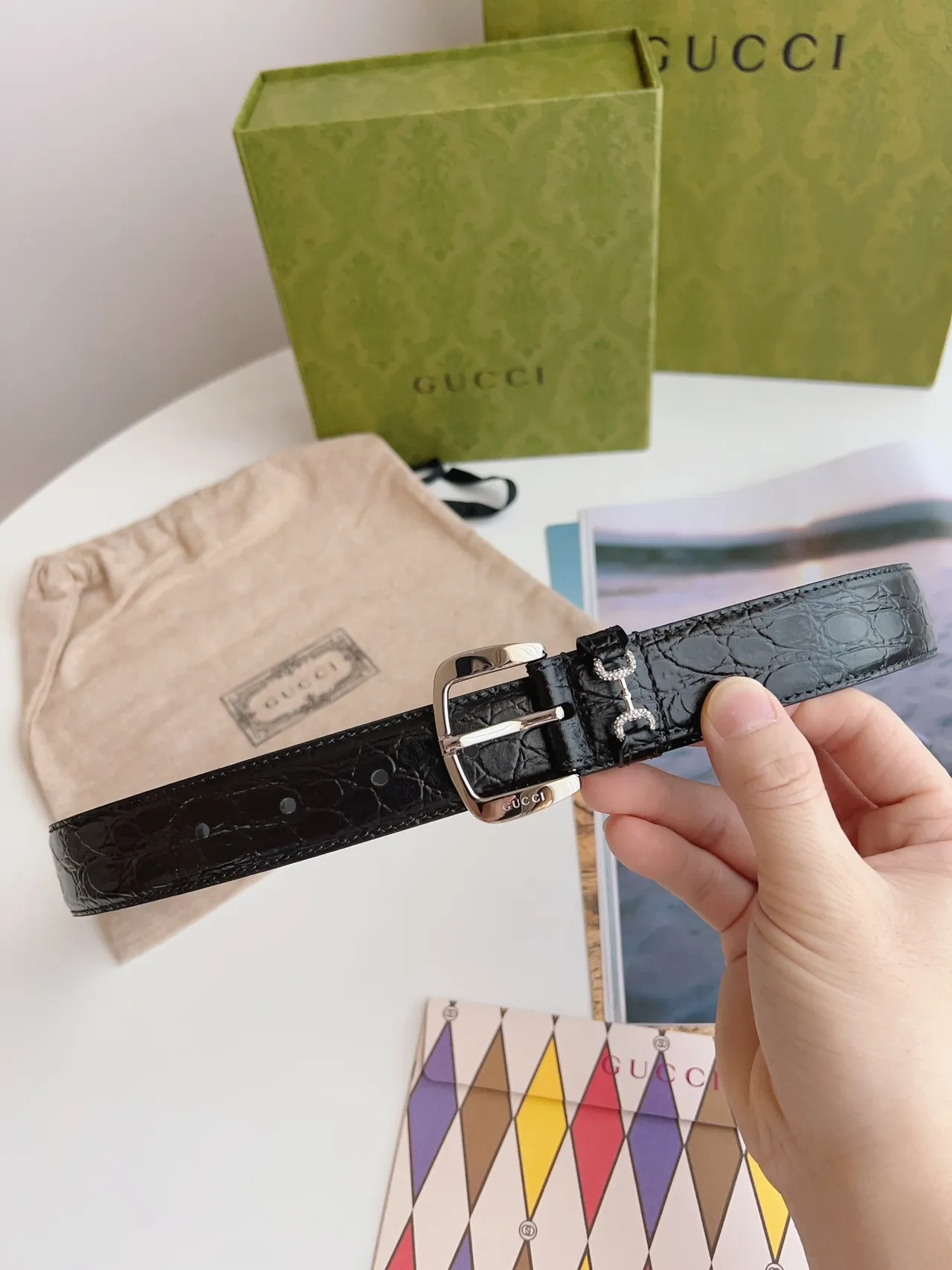 Gucci Horsebit 1955 Black Crocodile-Embossed Leather Belt 8