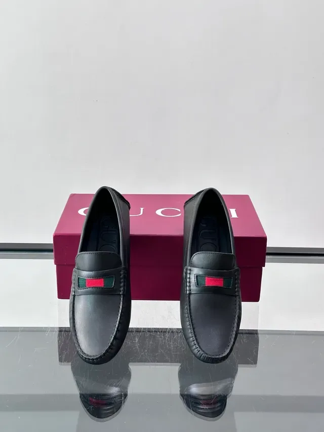 Gucci Horsebit 1955 Mocassin Noir Rouge Cuir Sangle Web Rayée 4