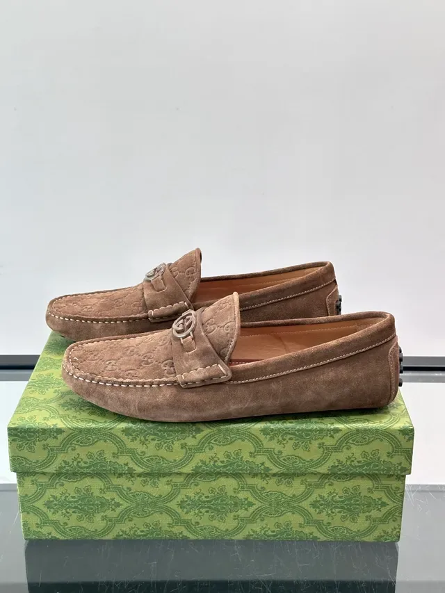 Gucci Horsebit 1955 Brown Beige Suede GG Monogram Embossed Loafer 5