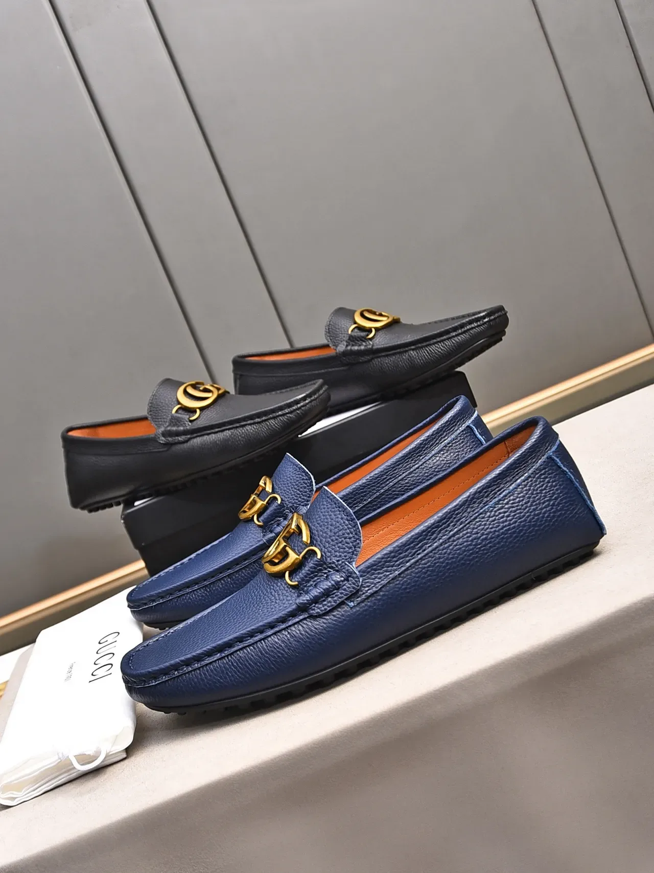 Gucci Horsebit 1955 নেভি গোল্ড পেবল্ড লেদার বাকল লোফার 2