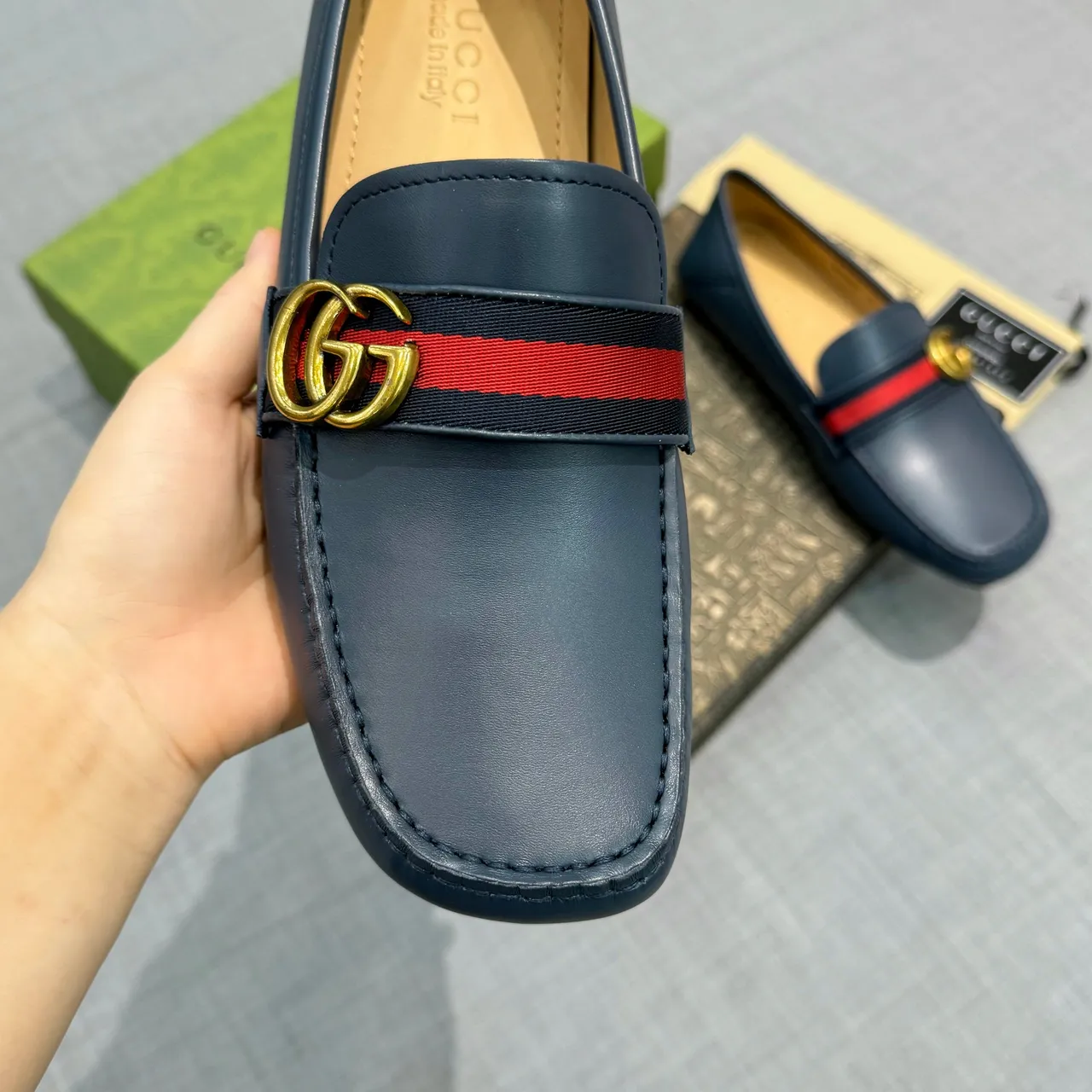 Gucci Horsebit 1955 Navy Red Couro Listra Web Acento Mocassim 4