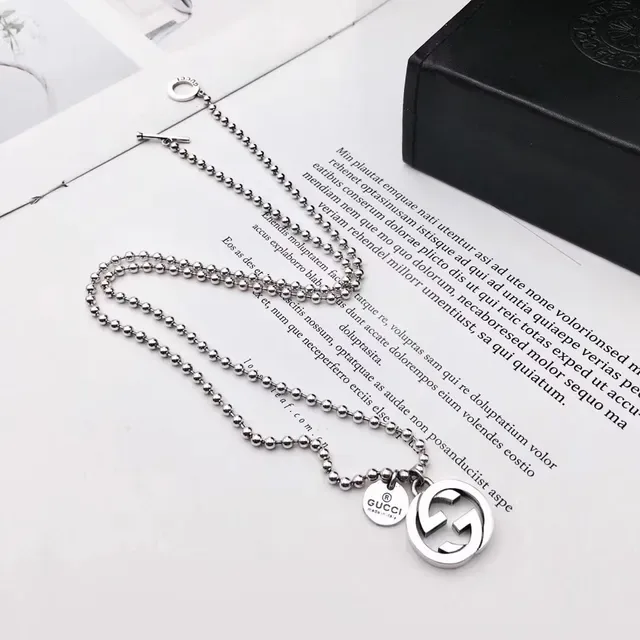 Gucci Interlocking G Logo Necklace Silver Black Ball Chain Pendant Necklace 3