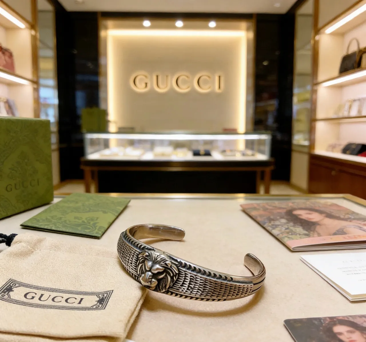 Gucci Cabeça de Leão Textura Tricô Pulseira Aberta de Punho 9