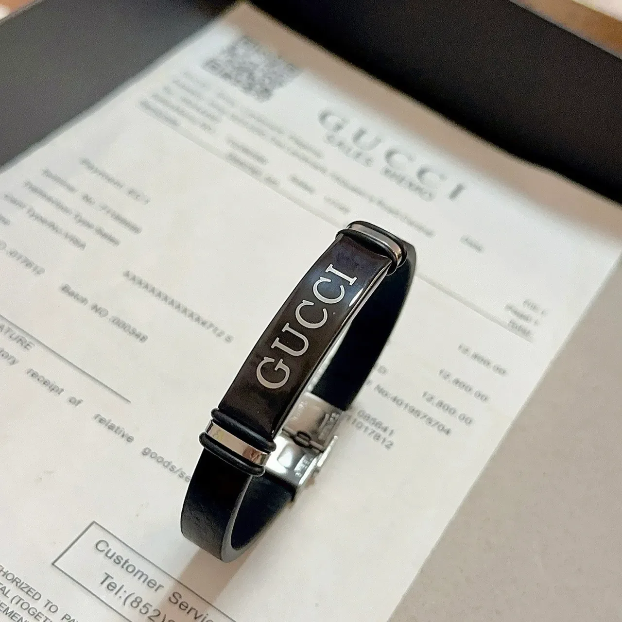 Gucci Logo Plaque Black Leather Bracelet 2