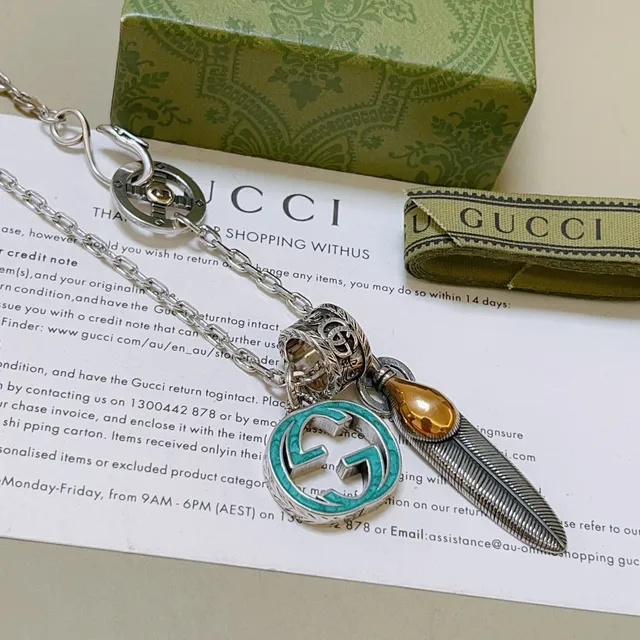 Gucci Multi-Charm Necklace Silver Blue Chain Turquoise Enamel G Necklace 7