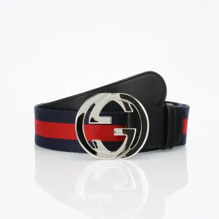 Gucci 海军红 互锁 G 扣环 网纹 编织带 皮革 腰带
