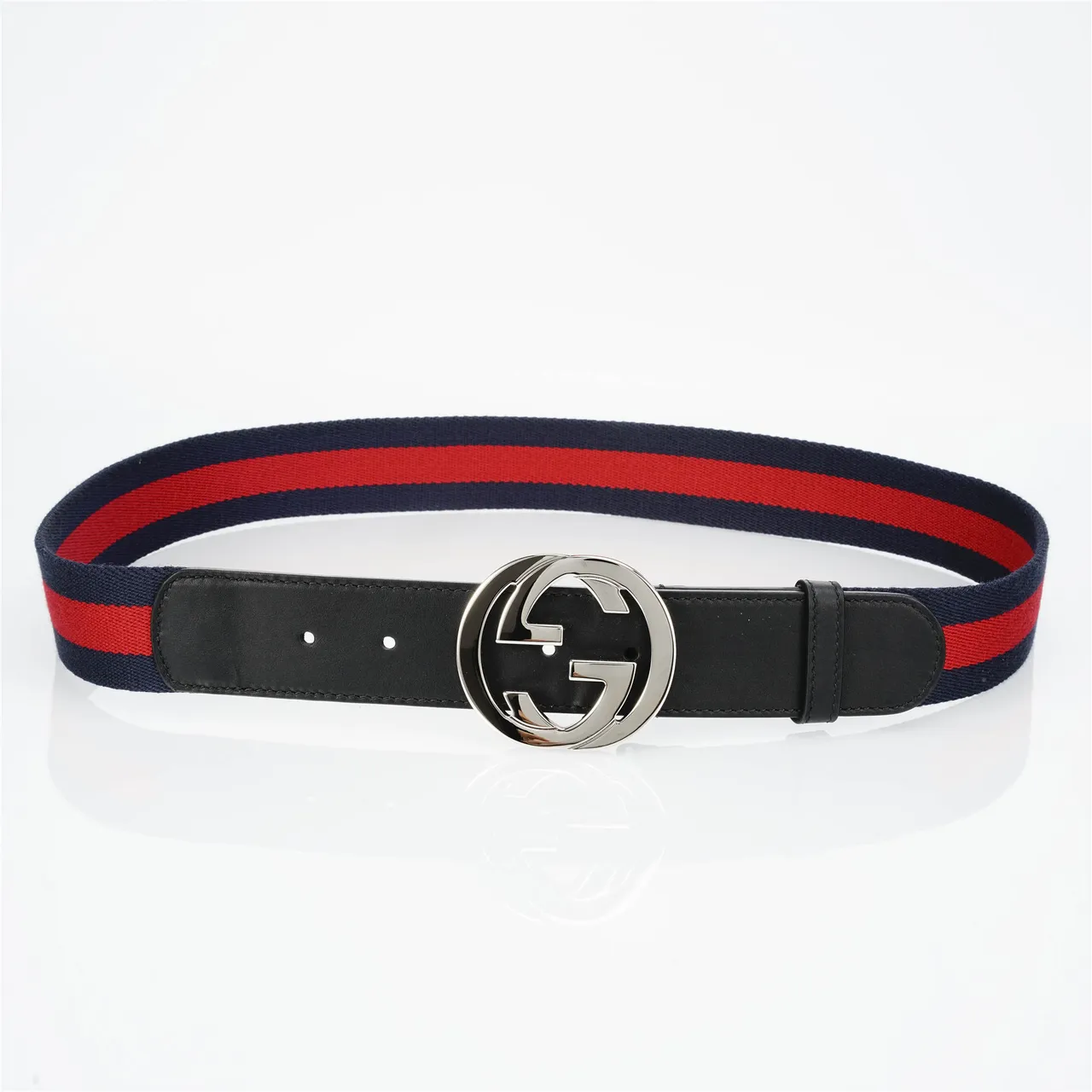 Gucci Navy Red Interlocking G Buckle Web Stripe Woven Band Leather Belt 9