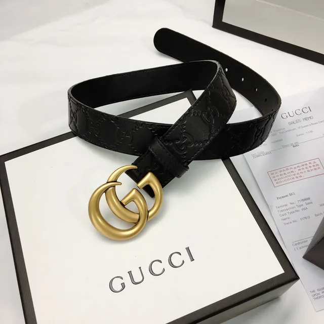 Gucci Ophidia Black Gold Interlocking Double G Buckle Embossed GG Monogram Leather Belt 9