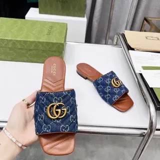 Gucci Ophidia Denim acolchado GG Monogram Blue and Tan Leather Slippers
