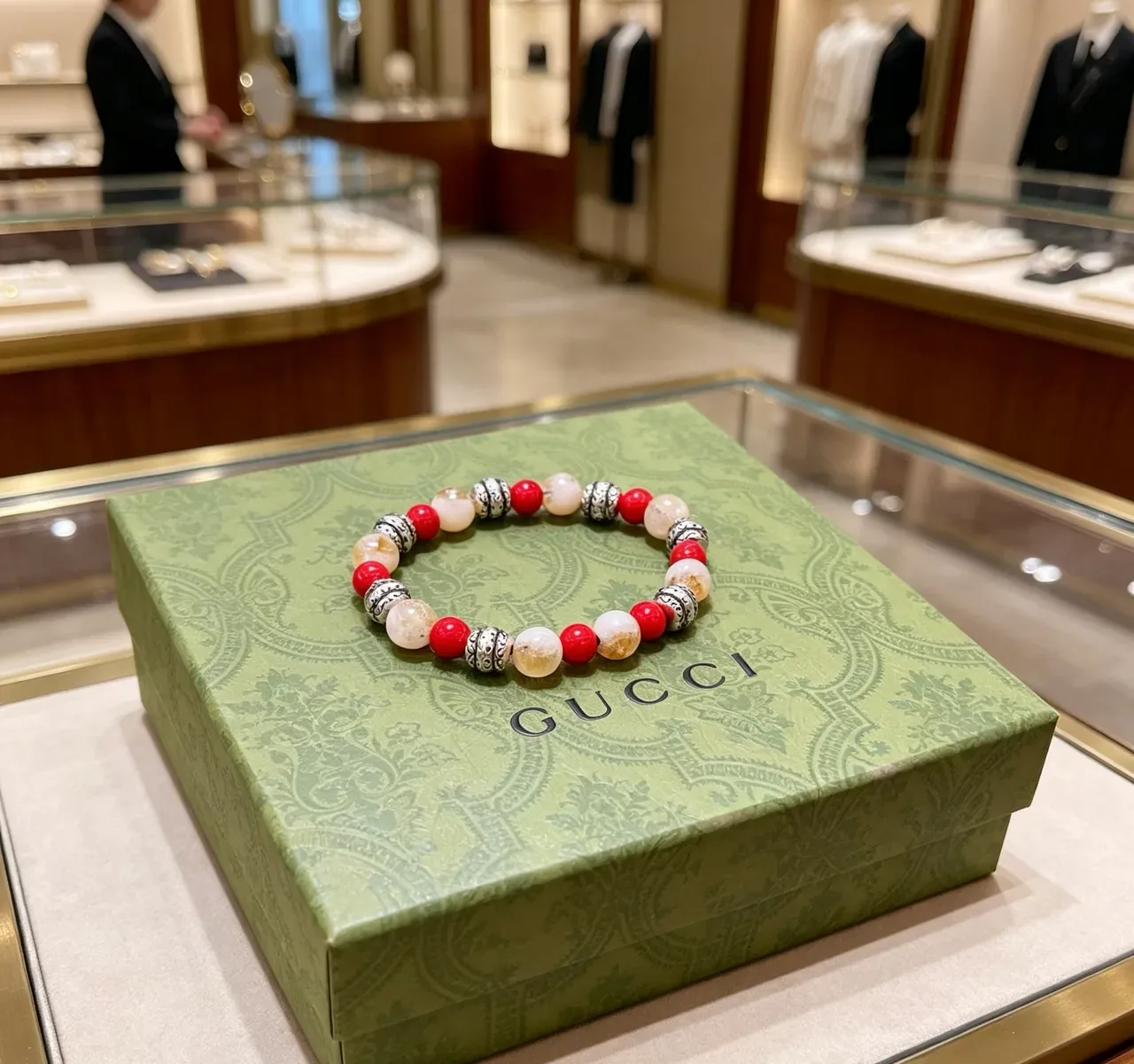 Gucci Red Beige Beaded Multi-Stone Bracelet 4