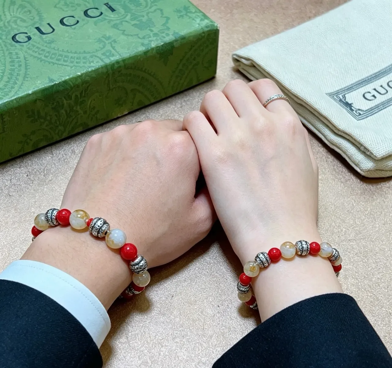 Gucci Red Beige Beaded Multi-Stone Bracelet 5