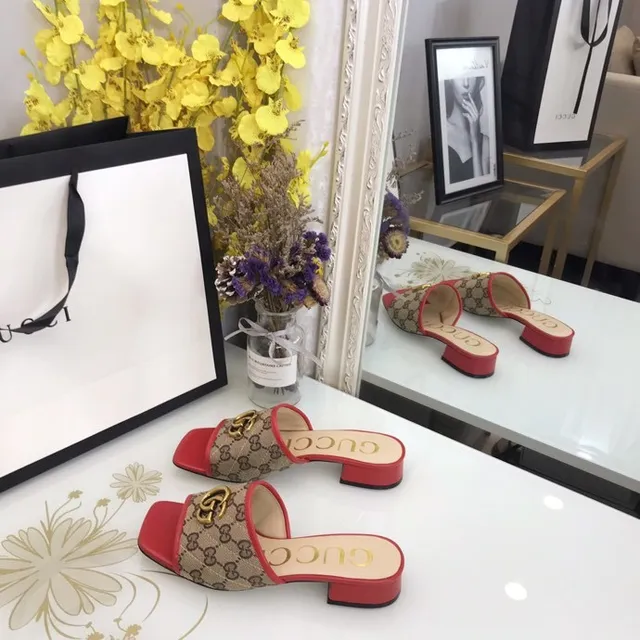 Gucci Red Beige Monogram Canvas Double G Hardware Slippers 5