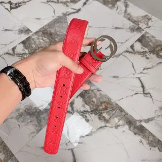 Gucci Red Silver Embossed GG Monogram Double G Interlocking Buckle Leather Belt