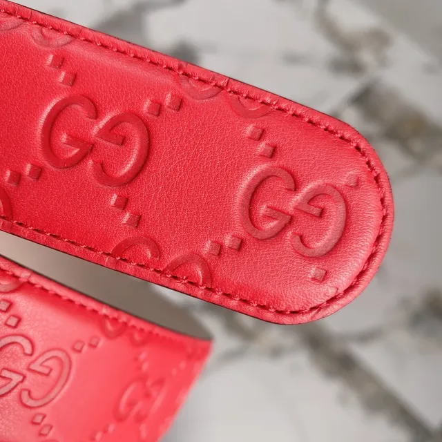 Gucci Red Silver Embossed GG Monogram Double G Interlocking Buckle Leather Belt 5