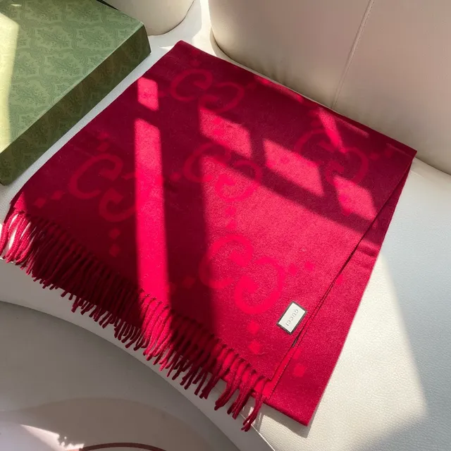 Gucci Red Tonal Check Woven Cashmere Scarf 5
