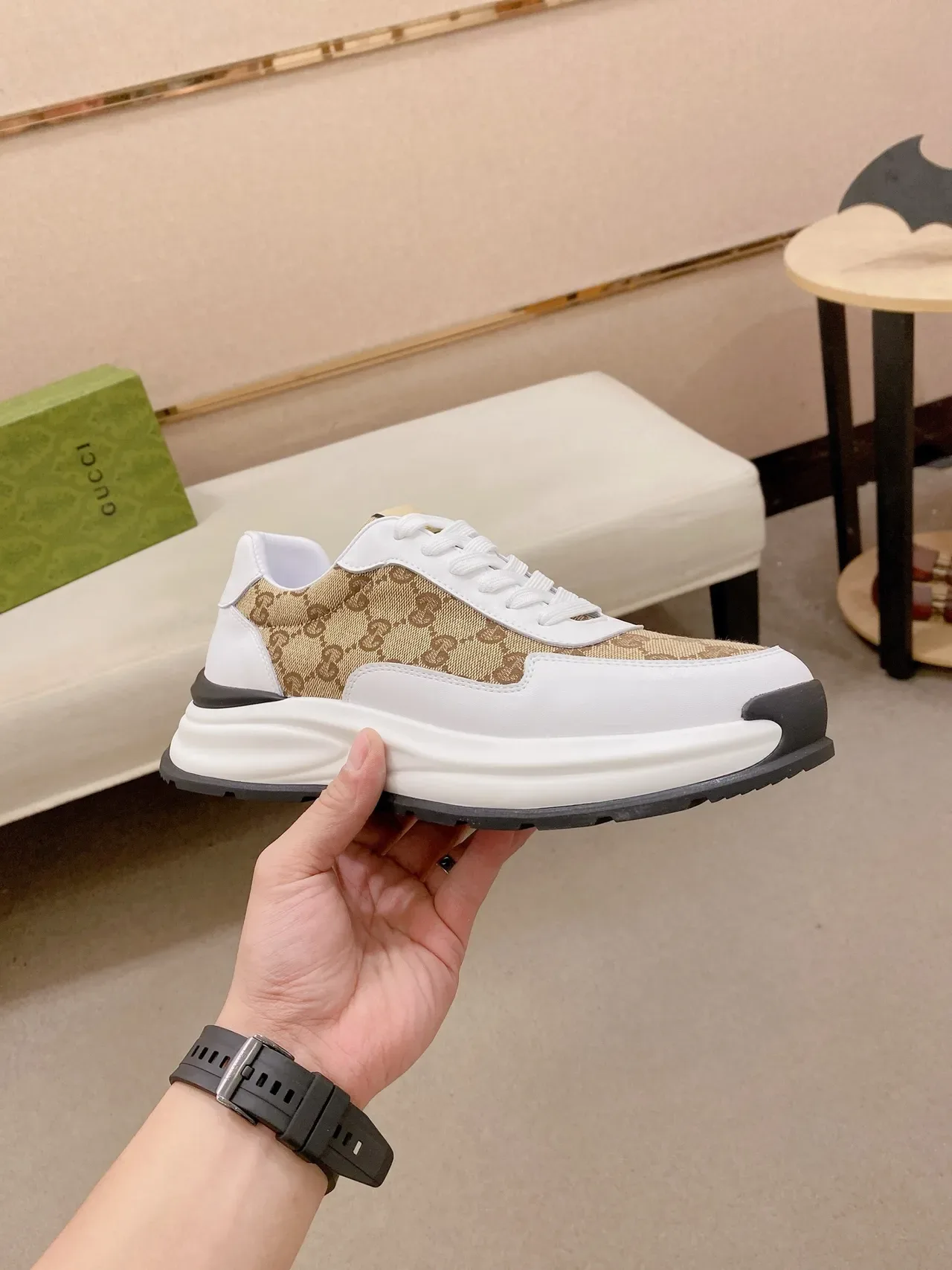 Gucci Rhyton Beige Monogram Canvas White Leather Lifestyle Sneakers 5