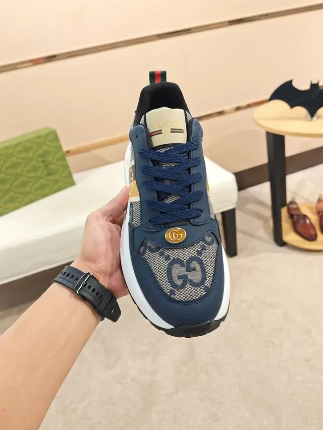 Gucci Rhyton Navy Blue and Beige Striped Lifestyle Sneakers 5