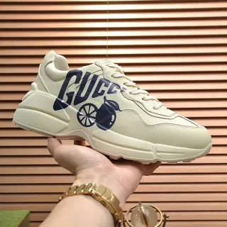 Gucci Screener Beige Navy Oversized Sole Leather Upper Chunky Sneakers