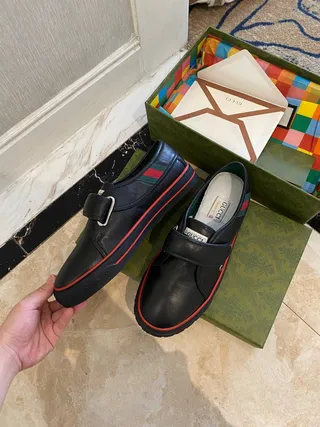 Gucci Screener Preto Vermelho Couro Tira Hook-and-Loop Mocassim 3