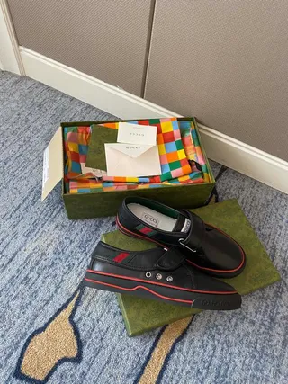 Gucci Screener Preto Vermelho Couro Tira Hook-and-Loop Mocassim 4