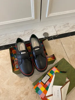 Gucci Screener Preto Vermelho Couro Tira Hook-and-Loop Mocassim 5