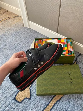 Gucci Screener Preto Vermelho Couro Tira Hook-and-Loop Mocassim 8