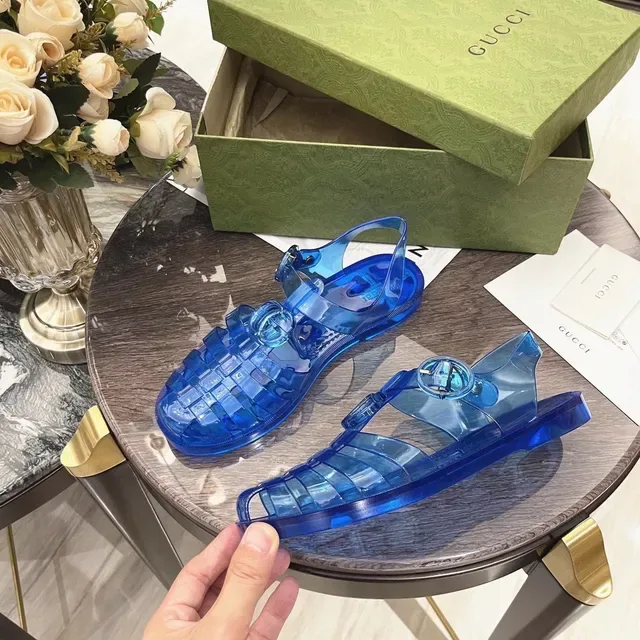 Gucci Screener Sandalias Casuales Azules Transparente Jelly Grid-Weave Upper 3