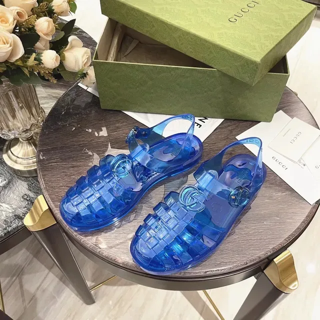 Gucci Screener Sandalias Casuales Azules Transparente Jelly Grid-Weave Upper 4