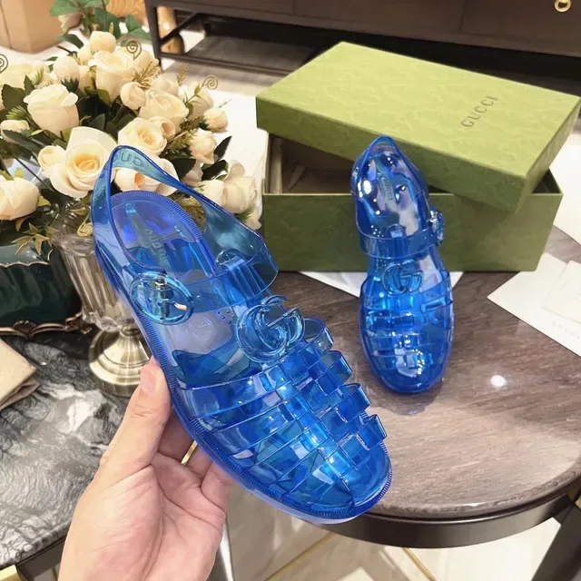 Gucci Screener Sandalias Casuales Azules Transparente Jelly Grid-Weave Upper 5