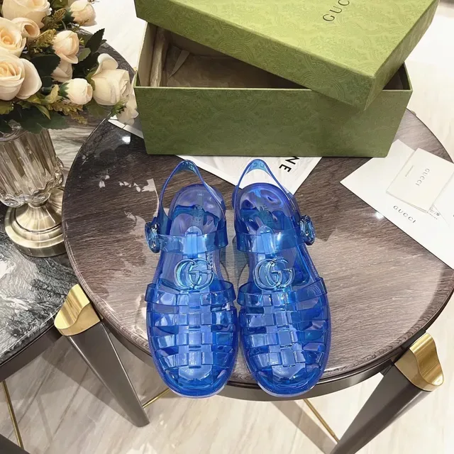Gucci Screener Sandalias Casuales Azules Transparente Jelly Grid-Weave Upper 6