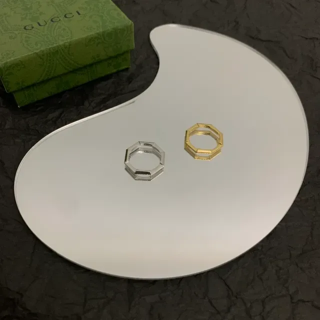 Gucci Silver Hexagonal Band Ridged Edges Ring 3