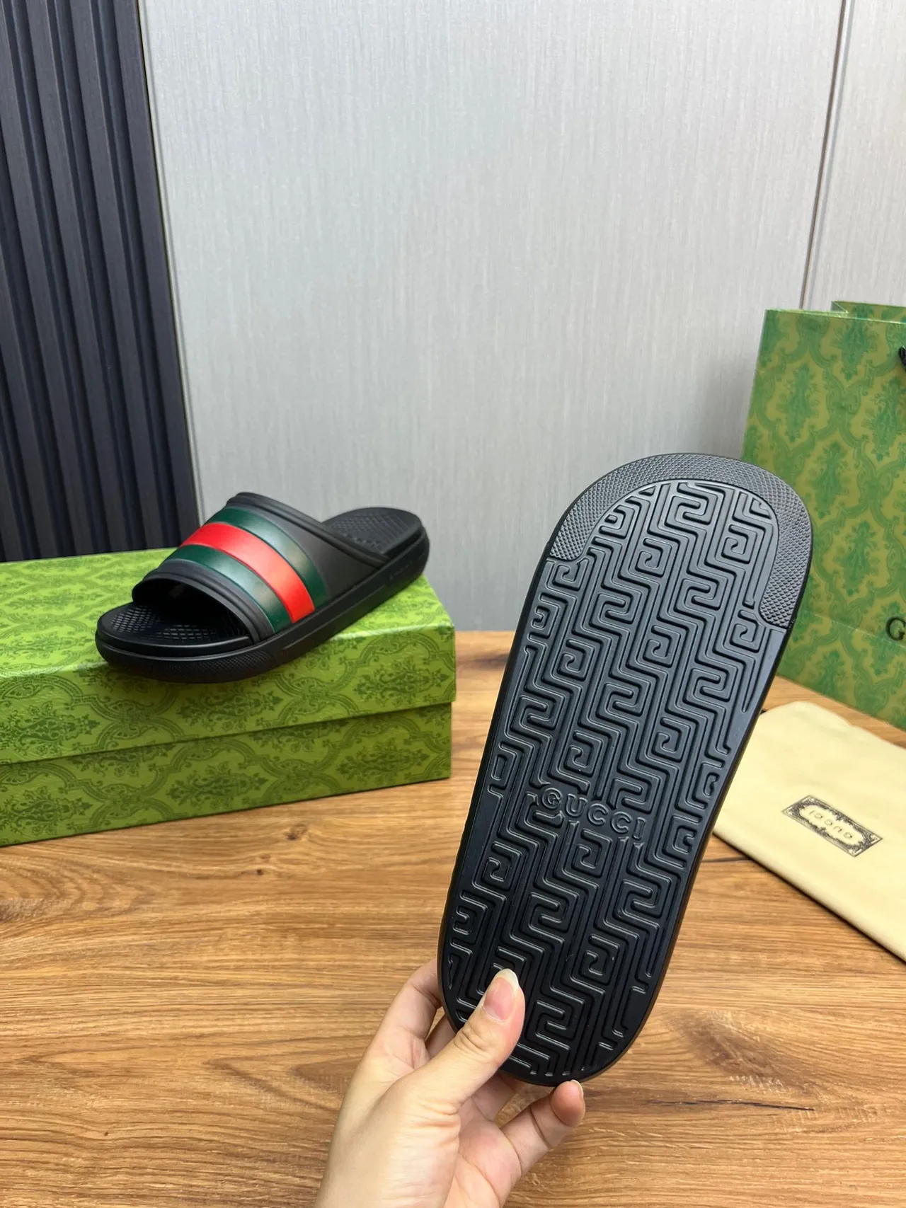 Gucci Slide Black Green Red Web Strap Slippers 9