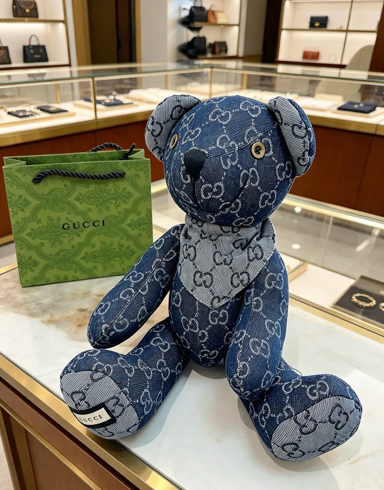 Gucci Teddy Bear Blue Gray GG Monogram Denim Plush Handbag 3