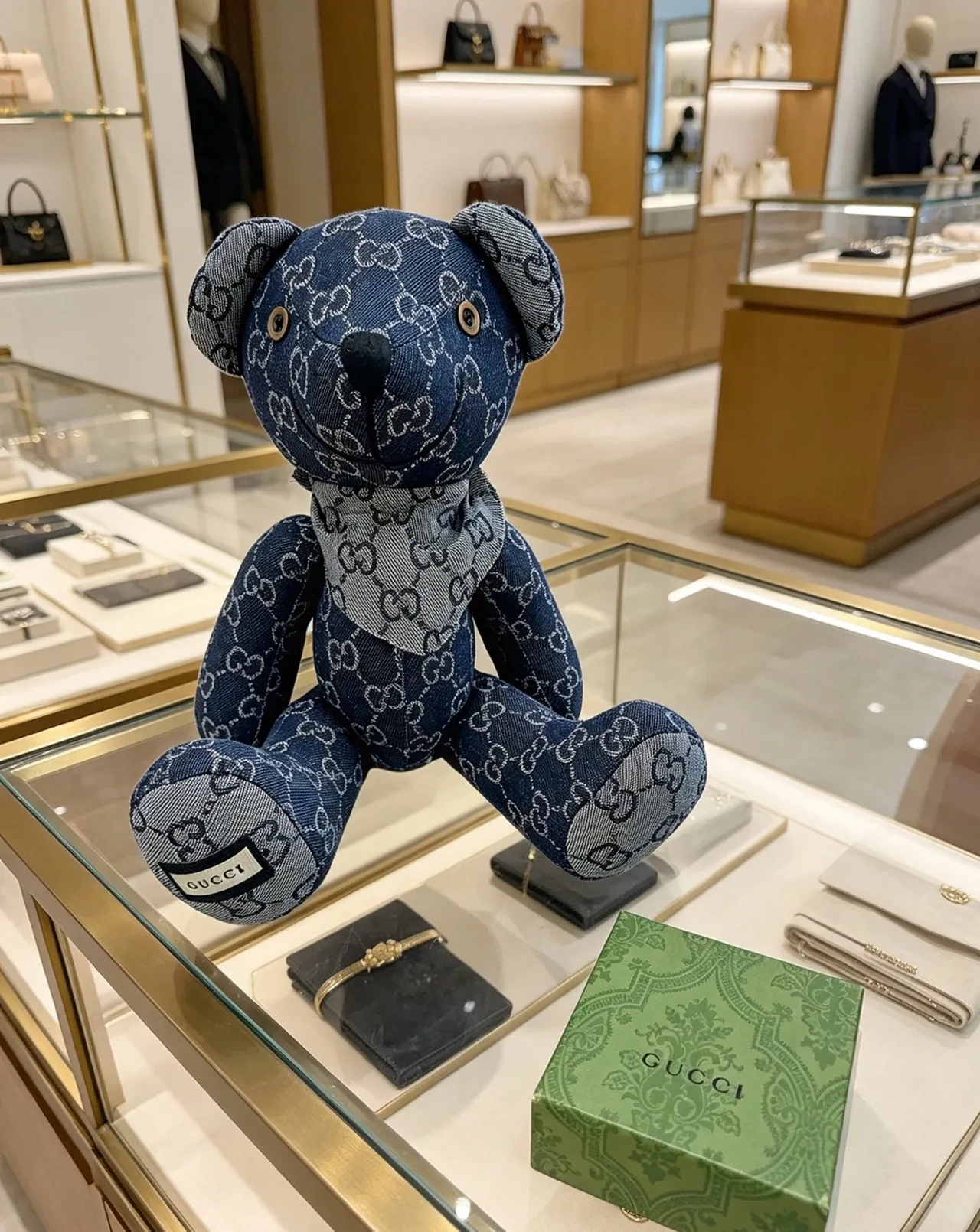 Gucci Teddy Bear Blue Gray GG Monogram Denim Plush Handbag 4