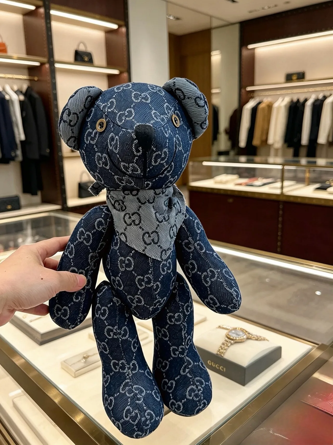 Gucci Teddy Bear Blue Gray GG Monogram Denim Plush Handbag 6