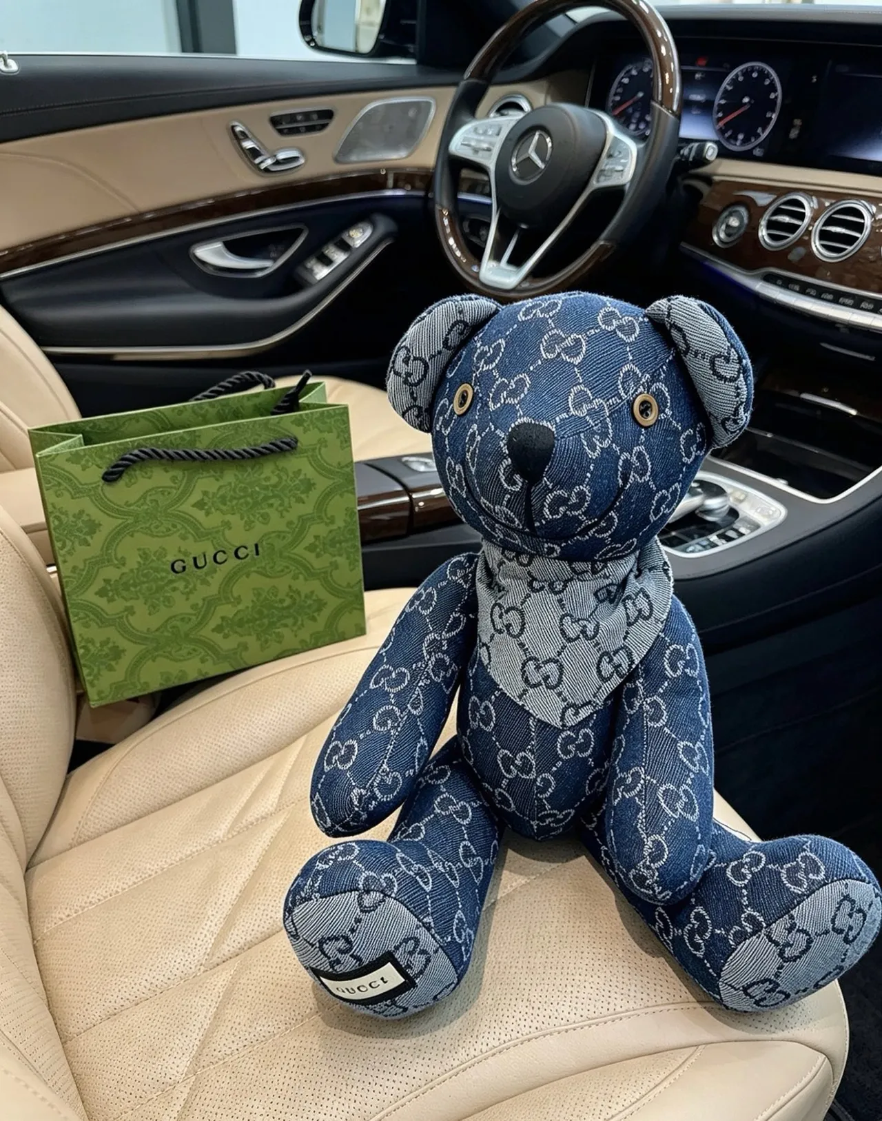 Gucci Teddy Bear Blue Gray GG Monogram Denim Plush Handbag 7