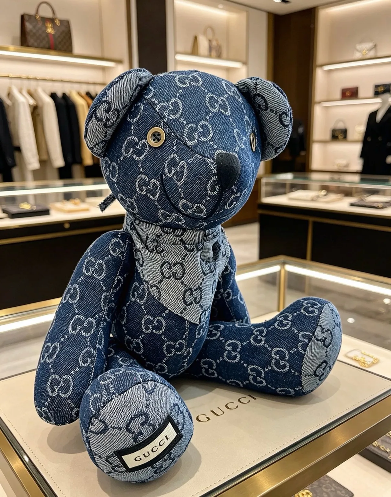 Gucci Teddy Bear Blue Gray GG Monogram Denim Plush Handbag 8