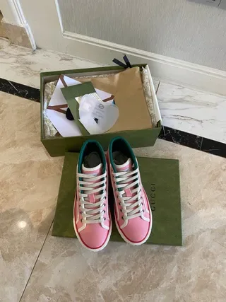 Gucci Tennis 1977 Baskets Lifestyle Rose à Rayures Web Hautes 4