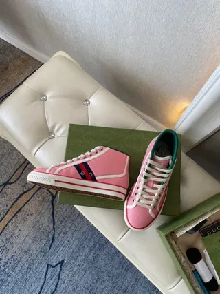 Gucci Tennis 1977 Baskets Lifestyle Rose à Rayures Web Hautes 7