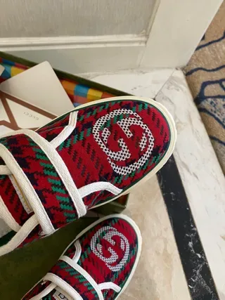Gucci Tennis 1977 أحمر أخضر منقوش حزام فيلكرو أحذية أسلوب حياة 2