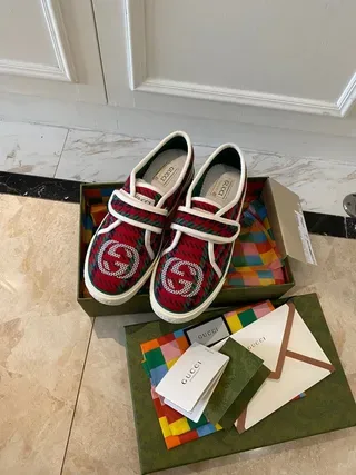 Gucci Tennis 1977 أحمر أخضر منقوش حزام فيلكرو أحذية أسلوب حياة 5
