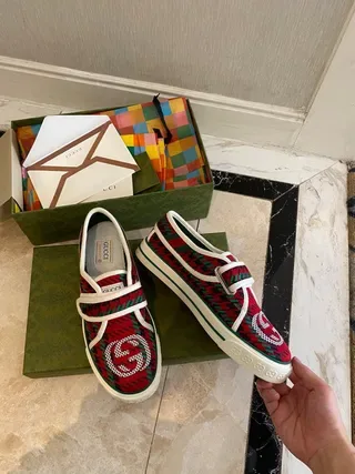 Gucci Tennis 1977 أحمر أخضر منقوش حزام فيلكرو أحذية أسلوب حياة 7
