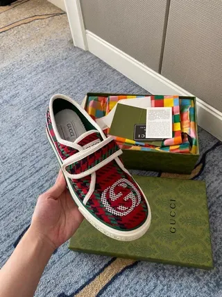 Gucci Tennis 1977 أحمر أخضر منقوش حزام فيلكرو أحذية أسلوب حياة 8