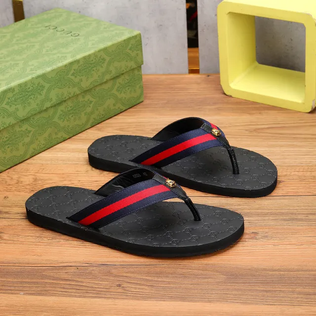 Gucci Web Stripe Flip-Flops Black Navy Red Slippers 8