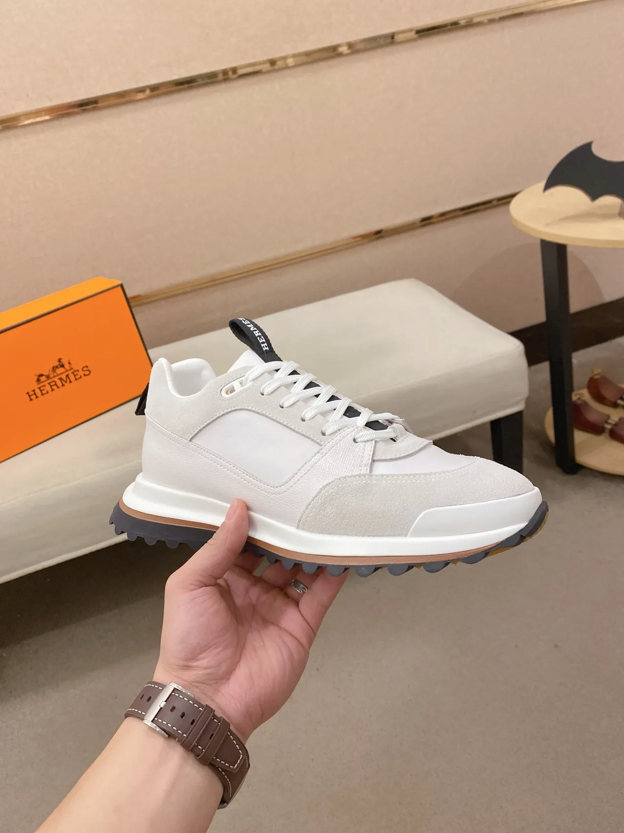Hermès Beige Black Mixed-Material Upper Layered Midsole Sneakers 4