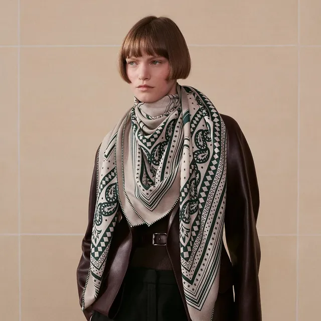 Hermès Beige Green Geometric Print Star Motif Silk Scarf 3