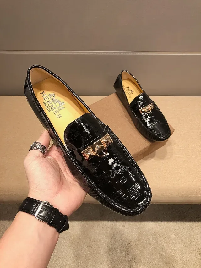 Hermès Black Gold Glossy Patent Leather Metal H-Buckle Loafer 5