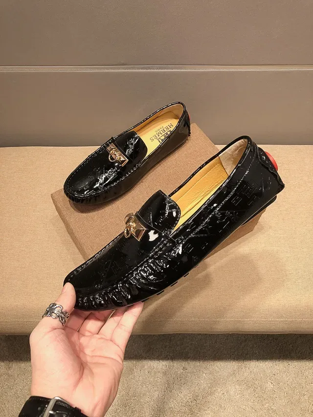 Hermès Black Gold Glossy Patent Leather Metal H-Buckle Loafer 8