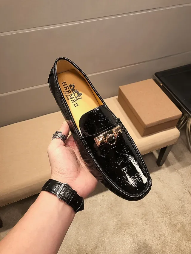 Hermès Black Gold Glossy Patent Leather Metal H-Buckle Loafer 9